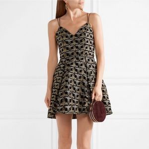 Alice + Olivia Marilla Black Gold and Silver Embroidered Velvet Fit Flare Dress